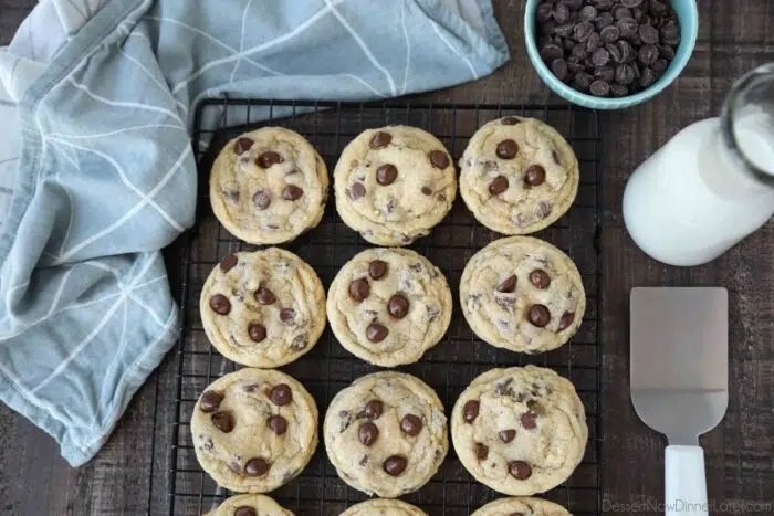 Best chocolate chip cookies on a wire cooling rack.