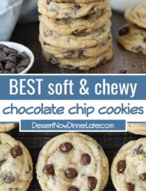 Pinterest collage for Best Chocolate Chip Cookies med to bilder og tekst i midten.