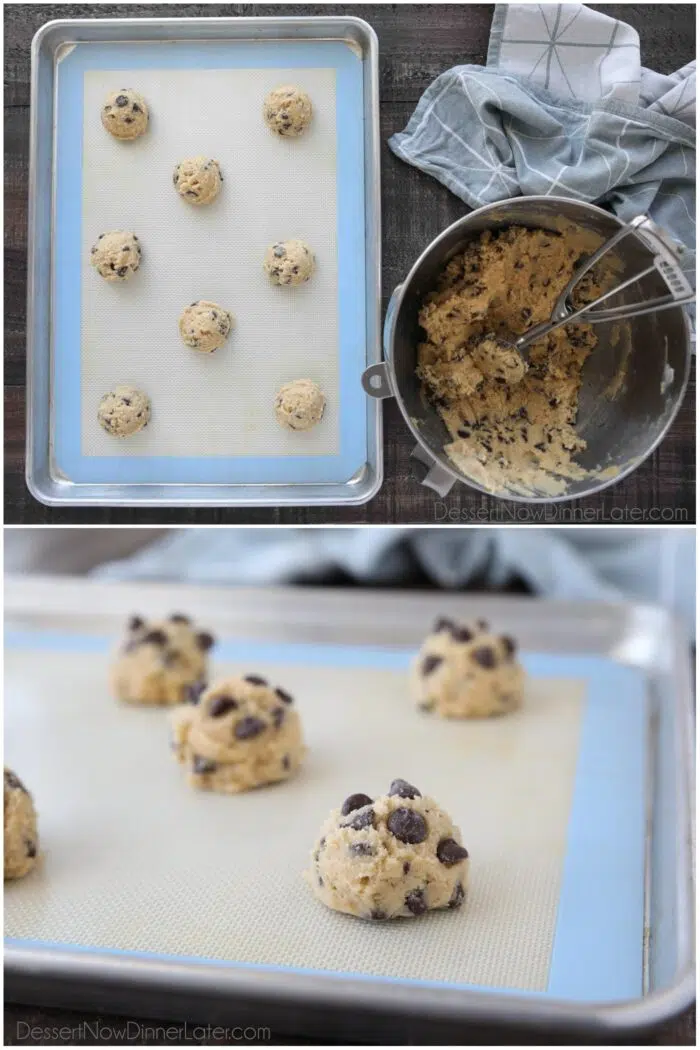 Scooping chocolate chip cookie dough onto a silicone lined baking sheet.