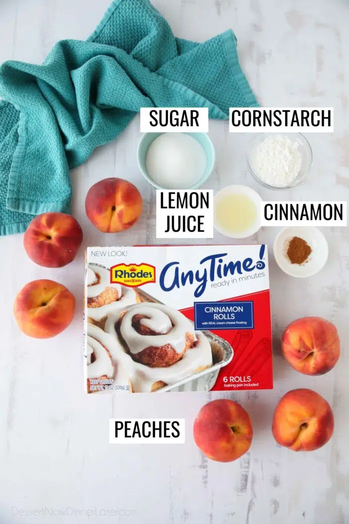 Ingredients to make Cinnamon Roll Peach Cobbler with Rhodes AnyTime Cinnamon Rolls.