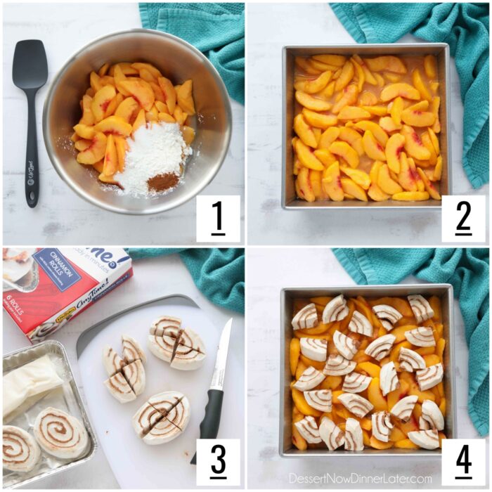 Steps to make Cinnamon Roll Peach Cobbler.