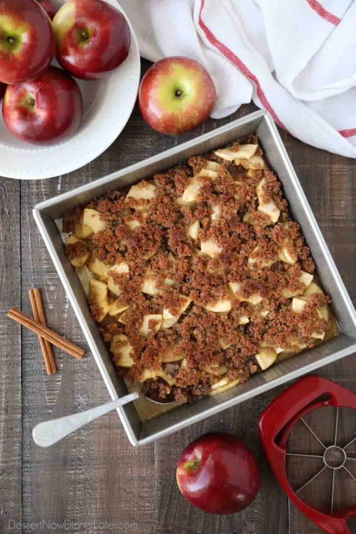 Baking dish of dessert called Apple Brown Betty. A type of fruit crisp with buttered bread crumbs on top.