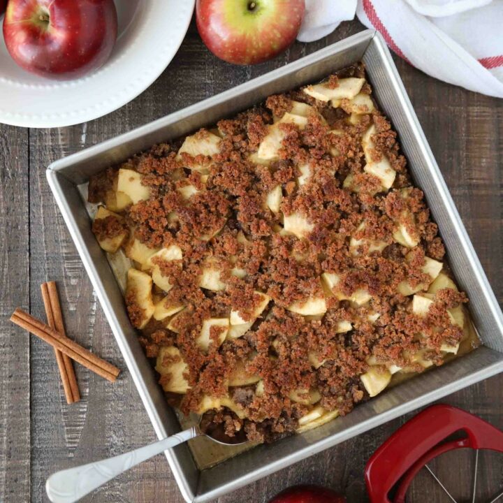 Baking dish of dessert called Apple Brown Betty. A type of fruit crisp with buttered bread crumbs on top.