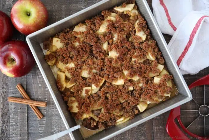 Top view of baked apple brown betty in a pan.