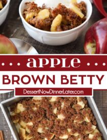 Kolaj Pinterest untuk Apple Brown Betty dengan dua imej dan teks di tengah.