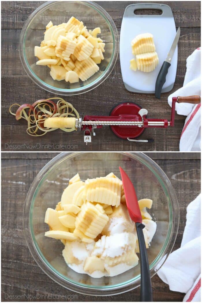 Коллаж из двух изображений яблок, очищенных от кожуры, нарезанных ломтиками и сердцевиной, а затем смешанных с сахаром и лимонным соком.