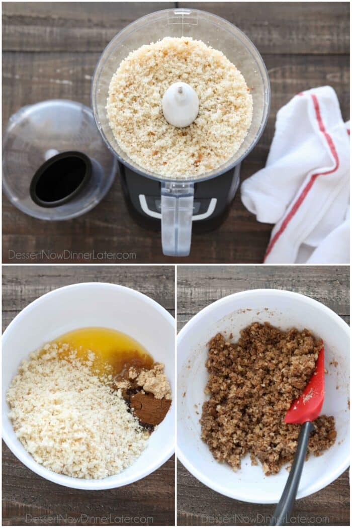 Three image collage showing bread crumbs being sweetened and mixed for the topping.