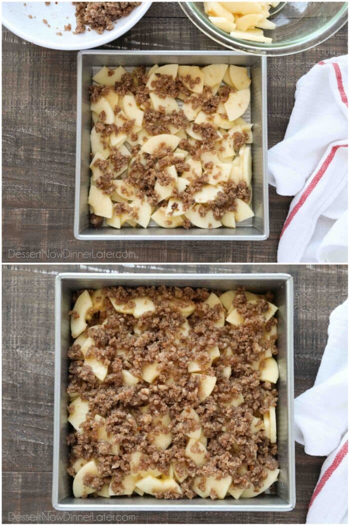 Two image collage of steps to layer the apples with the crumb topping in a baking pan.