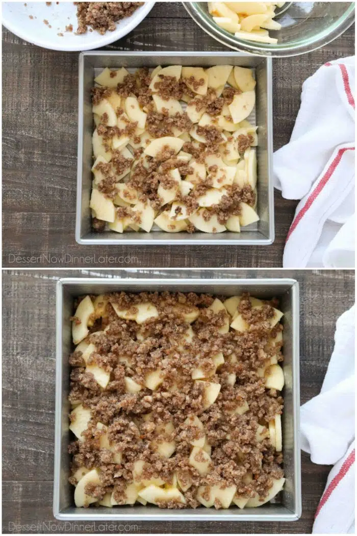 Two image collage of steps to layer the apples with the crumb topping in a baking pan.