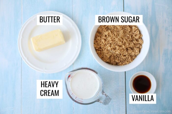 Mærkede ingredienser til brun farin frosting.