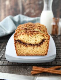 Quick bread (aka loaf cake) with a swirl of cinnamon inside.