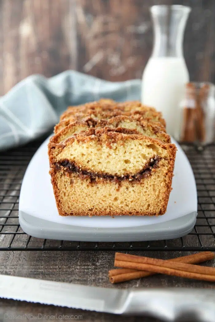 Quick bread (aka loaf cake) with a swirl of cinnamon inside.