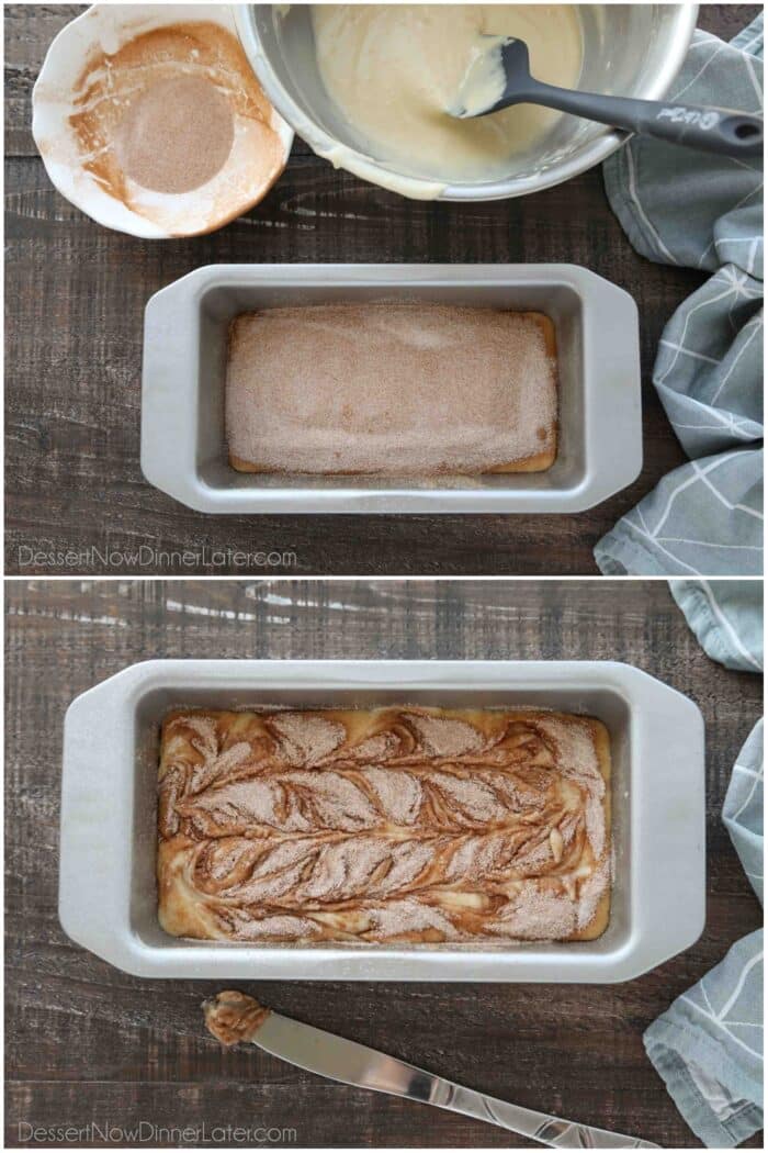 Cinnamon quick bread being assembled in a loaf pan and swirled on top.