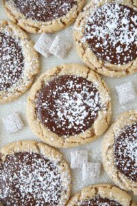 Close up of Muddy Buddy Cookies -- peanut butter cookies topped with melted chocolate and sprinkled with powdered sugar.