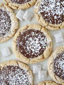 Close up of Muddy Buddy Cookies -- peanut butter cookies topped with melted chocolate and sprinkled with powdered sugar.