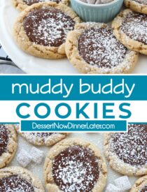 Pinterest collage for Muddy Buddy Cookies with two images and text in the center.
