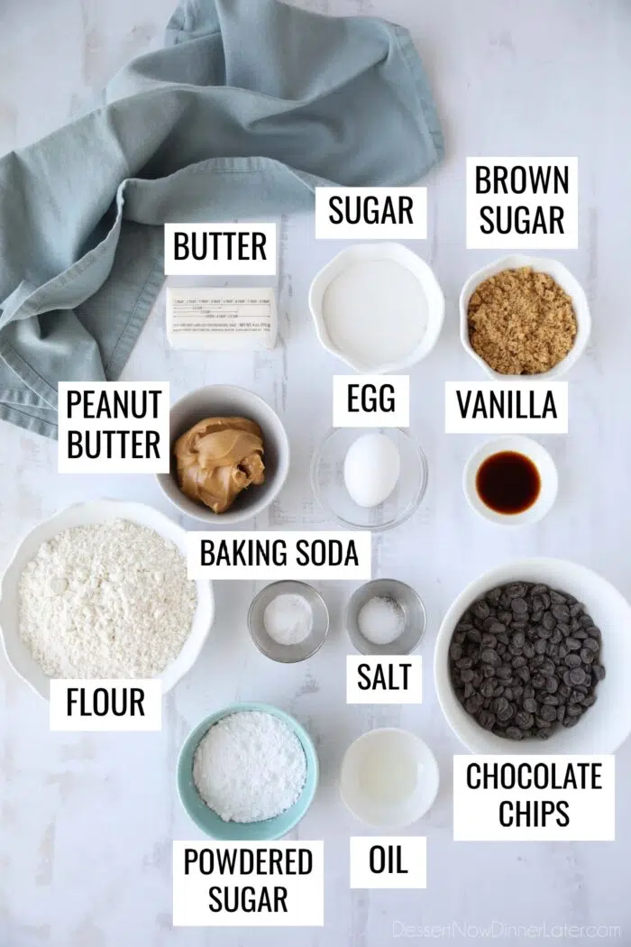 Labeled ingredients to make Muddy Buddy Cookies.