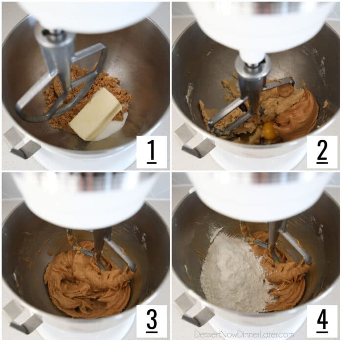 Коллаж из четырех изображений шагов по приготовлению теста для печенья с арахисовым маслом.