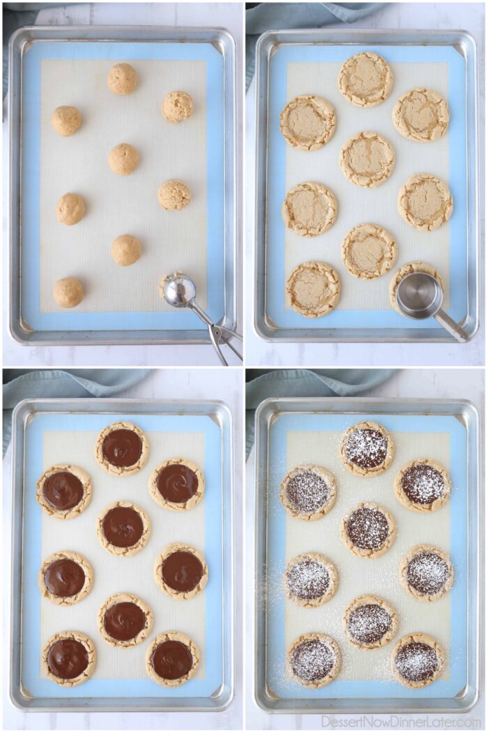 Collage aus vier Bildern mit Schritten zur Herstellung von Muddy Buddy Cookies.