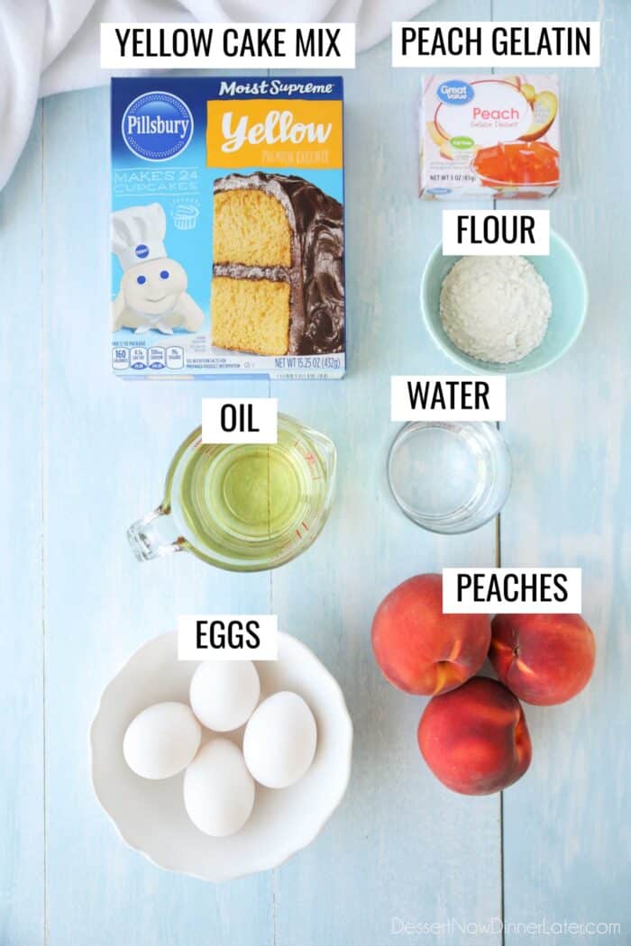 Labeled ingredients for peach cake recipe.