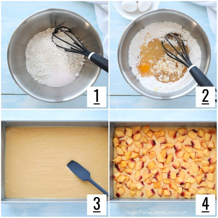 Passos 1-4 da receita do bolo de pêssego.
