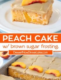 Collage de Pinterest per a pastís de préssec amb glaçat de sucre moreno amb dues imatges i text al centre.