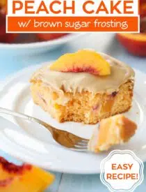 Labeled photo of a slice of peach cake for Pinterest.