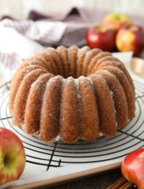 Apple Cider Donut Cake after being baked in a bundt pan and sprinkled with cinnamon-sugar..