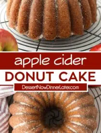 Pinterest collage for Apple Cider Donut Cake with two images and text in the center.