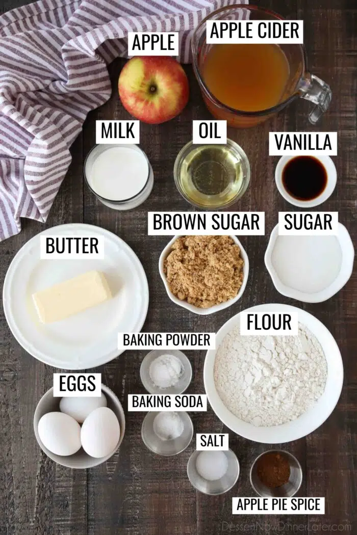 Labeled ingredients for apple cider donut cake.