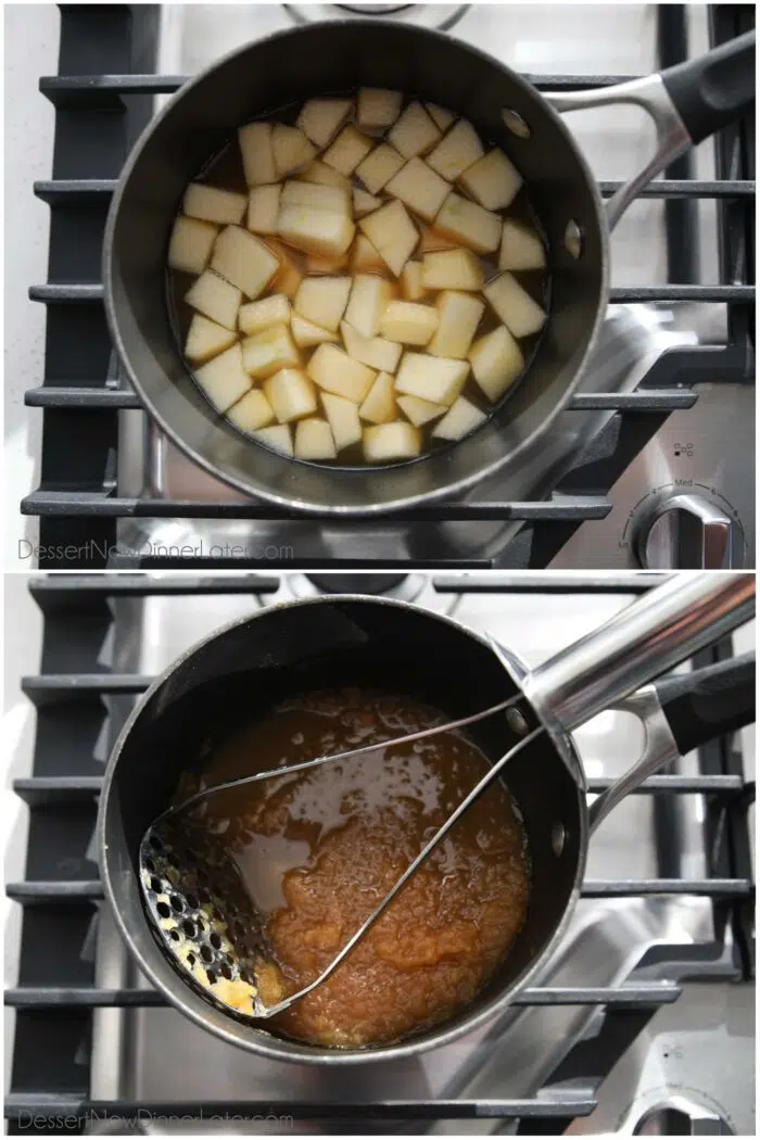 Apple slices and apple cider in a saucepan being cooked and mashed.