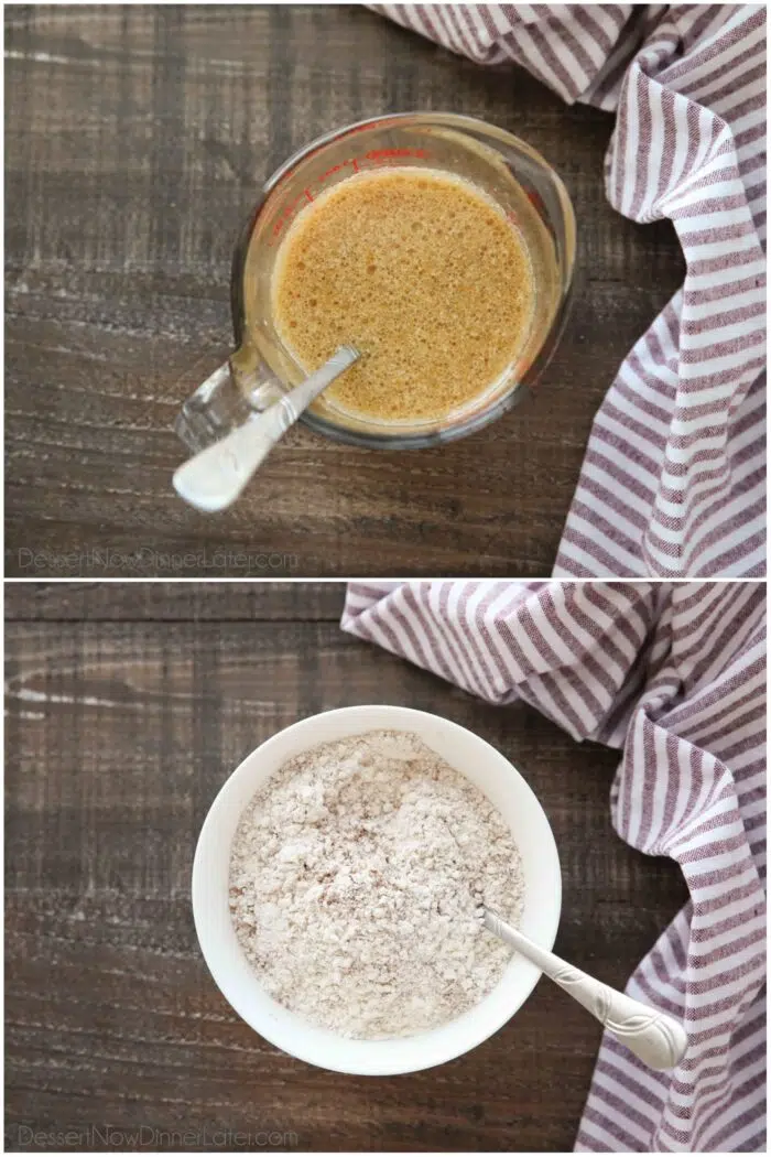 Prepared liquids and dry ingredients for apple cider cake batter.