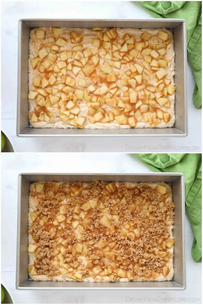 Layering cake batter, with cooked apples, and cinnamon-sugar in a 9x13-inch cake pan.