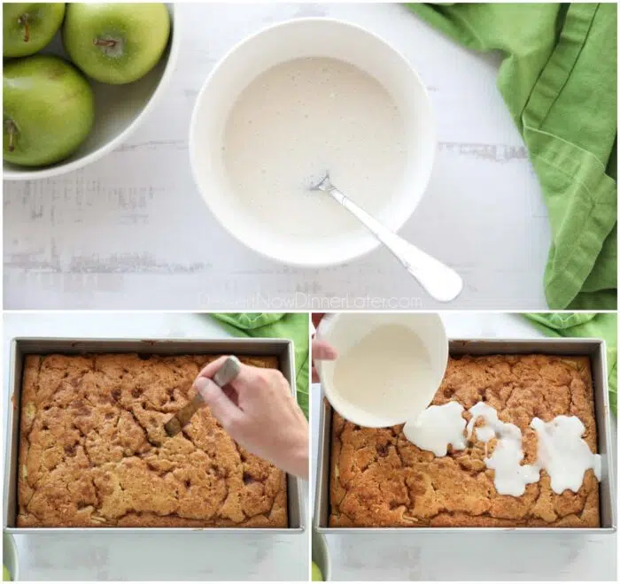 Powdered sugar glaze in a bowl. Cake being poked with a knife and glaze being poured over the cake.