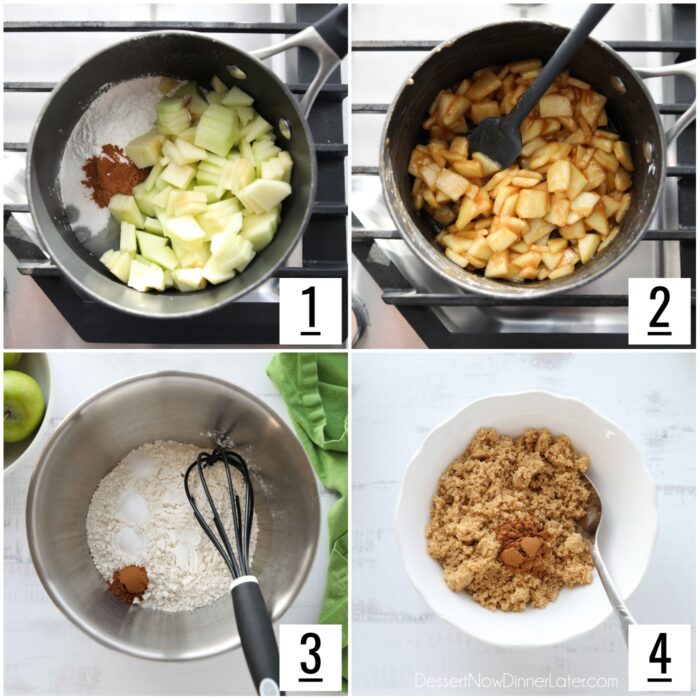 Collage in vier Schritten.  Äpfel vor und nach dem Kochen sowie Zutaten, die in Schüsseln für den Kuchen gemischt werden.