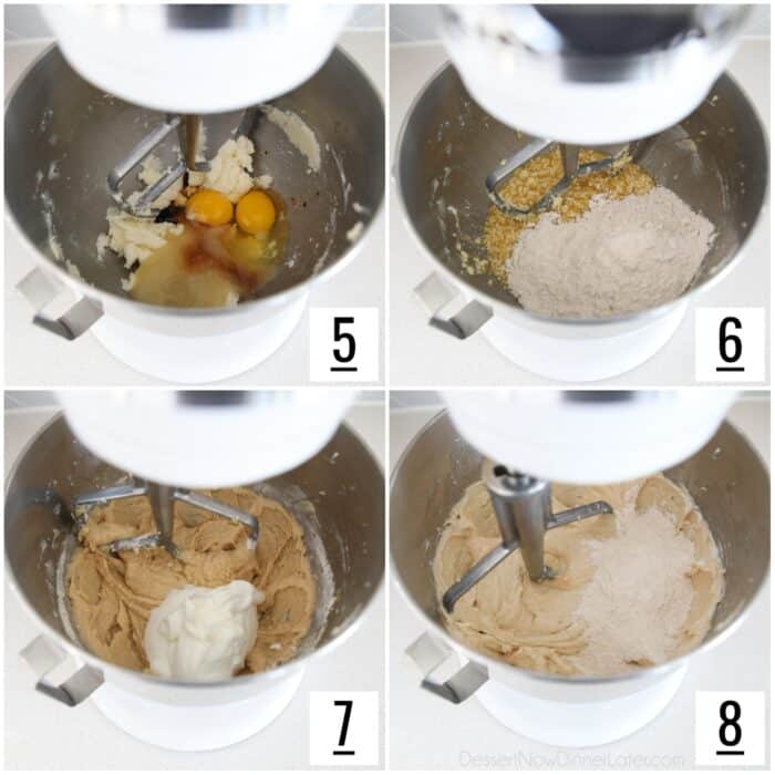 Colagem de quatro etapas de massa de bolo de maçã sendo feita em uma batedeira elétrica.