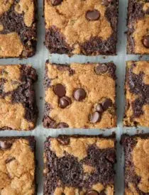 Close up of Brookies - half brownies and half cookies cut into squares.