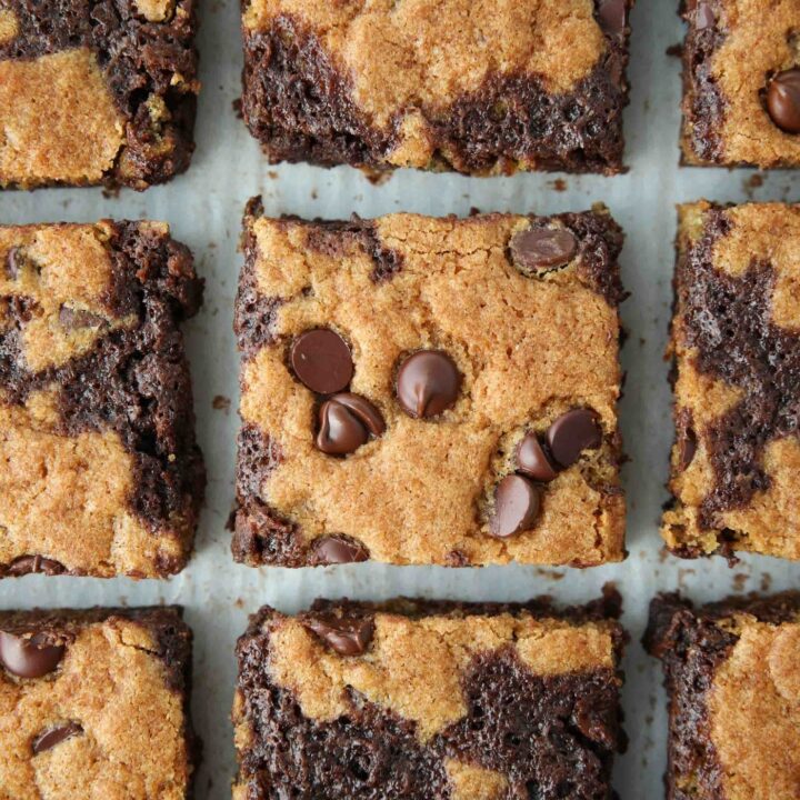 Close up of Brookies - half brownies and half cookies cut into squares.