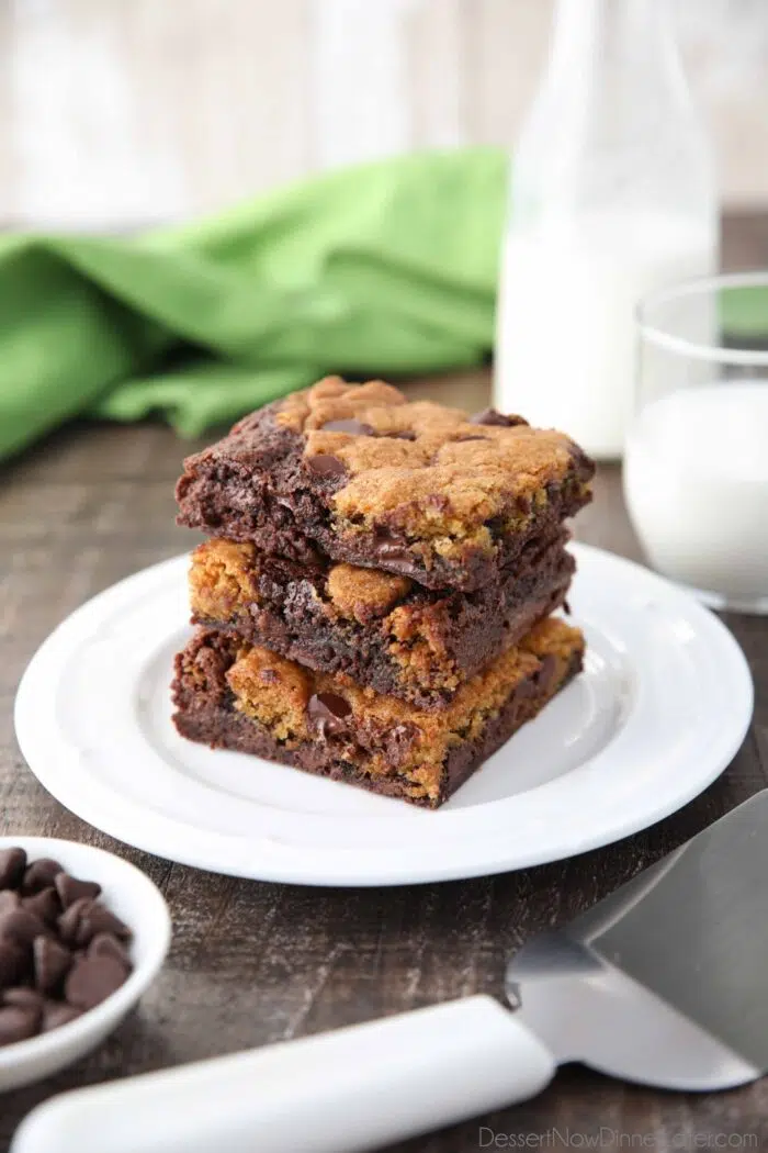 Brookies, brownies + cookies, stacked on a plate.