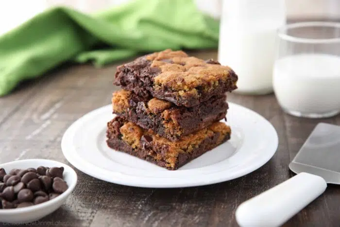 Brookies, brownies + cookies, stacked on a plate.