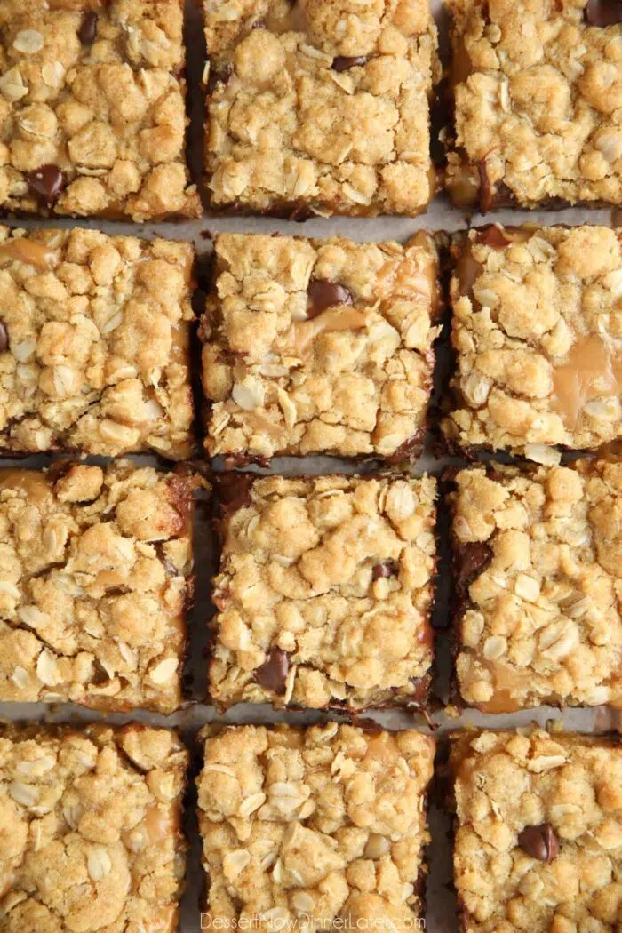 Squares of chocolate caramel bars.