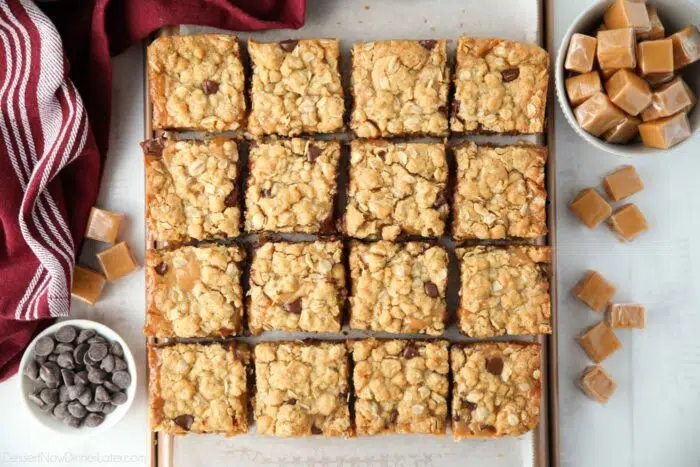 Squares of chocolate caramel bars.