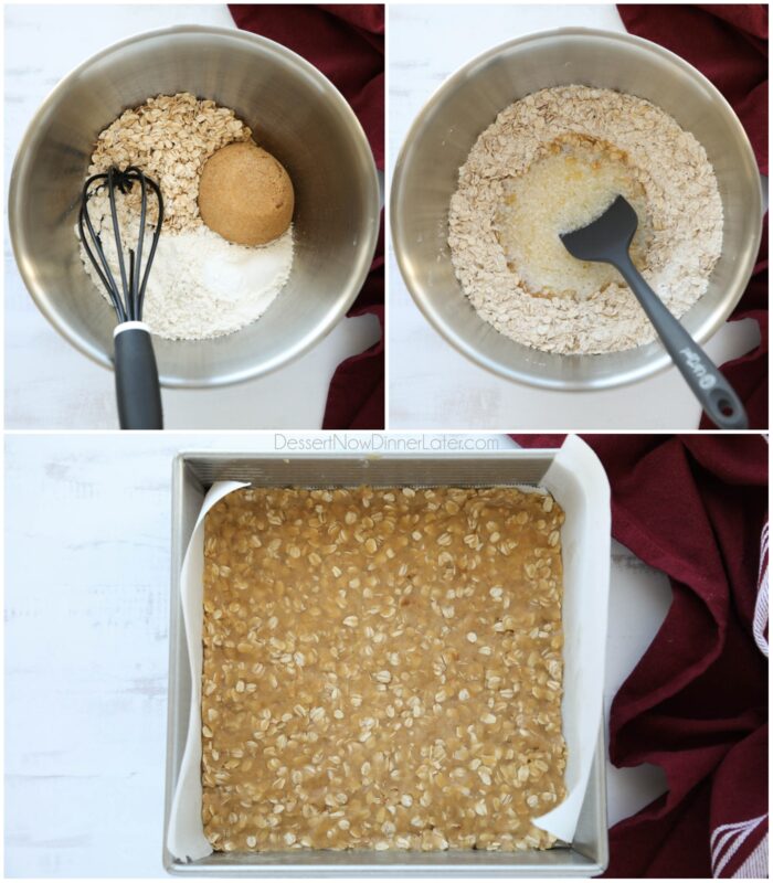 Passos para fazer a crosta de biscoito de aveia e cobertura de migalhas.
