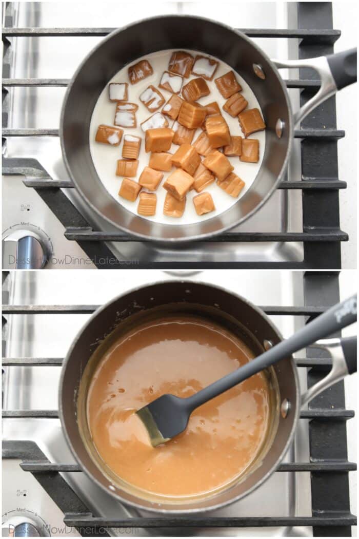 A karamell és a tejszín összeolvasztása egy serpenyőben a tűzhelyen.