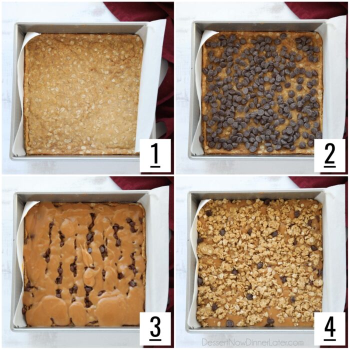 Викладіть карамелі з шоколадною стружкою, карамеллю та крихтою на корж вівсяного печива.