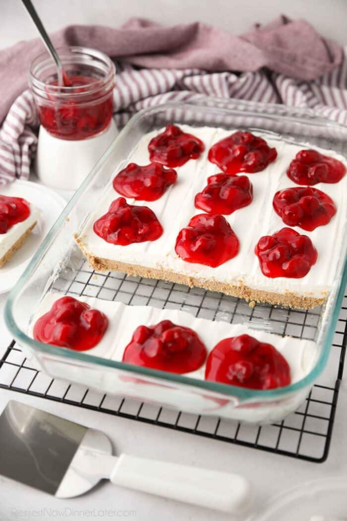 Cherry Delight recipe made in a 9x13 pan.