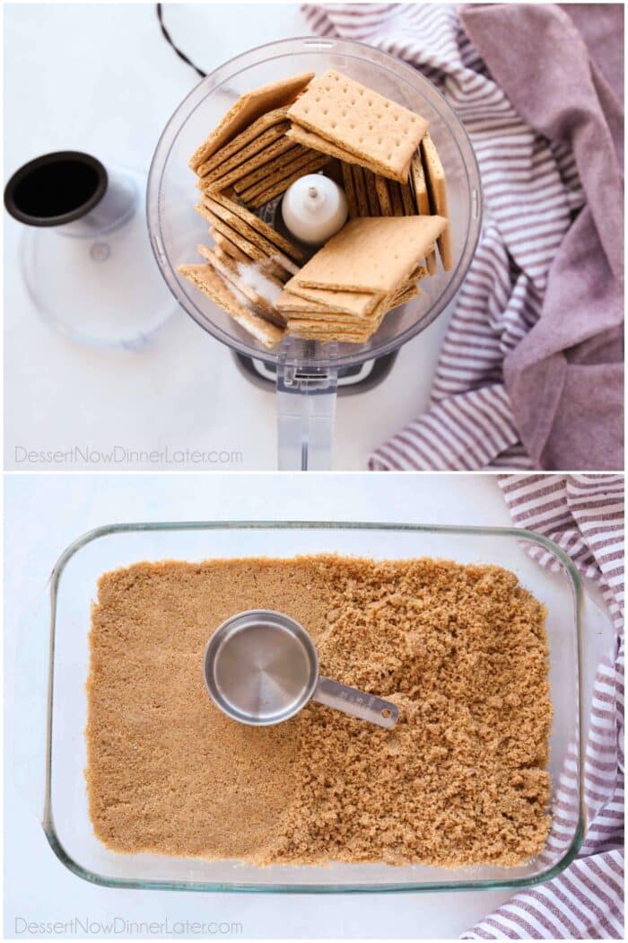 Collage image of recipe steps to make a graham cracker crust in a 9x13 pan.