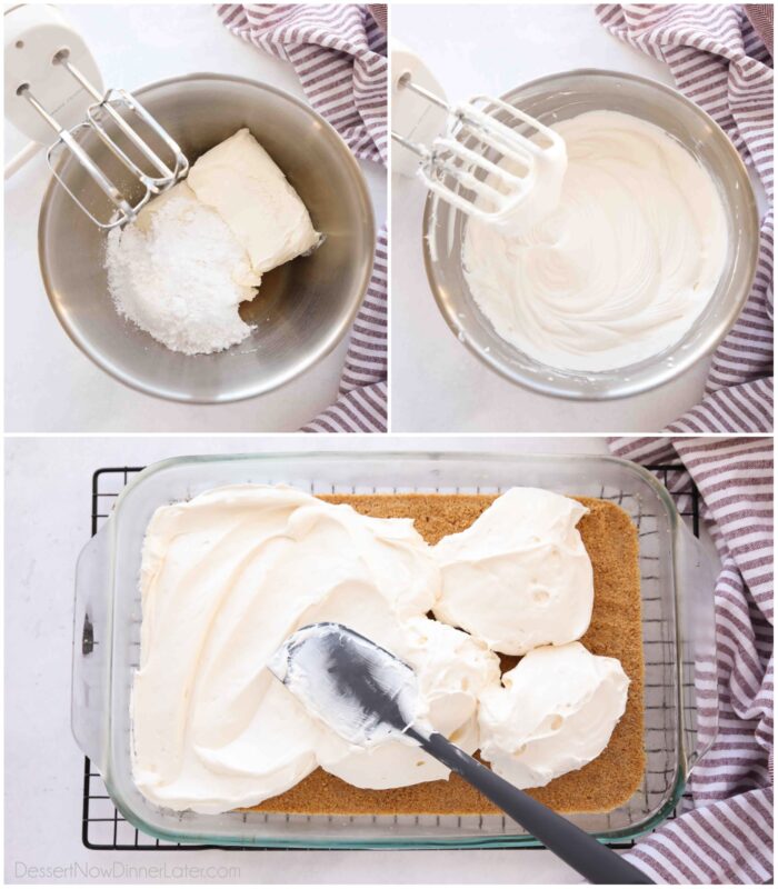 Collage image of recipe steps to make no-bake cheesecake filling.