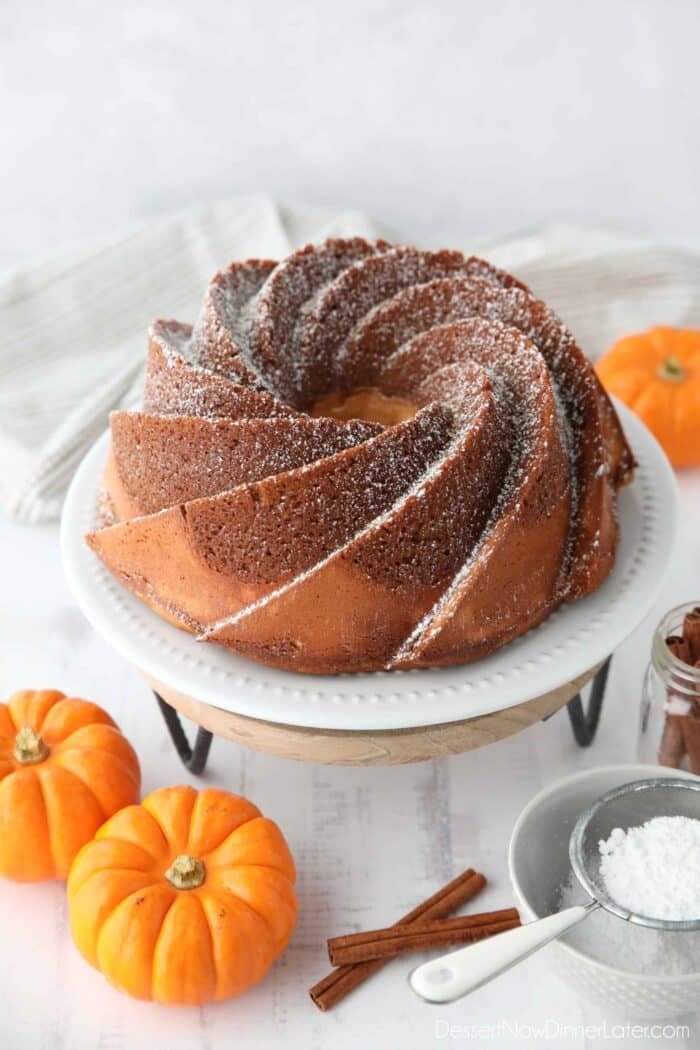 Pumpkin Cream Cheese Bundt Cake on a plate with powdered sugar sprinkled on top.