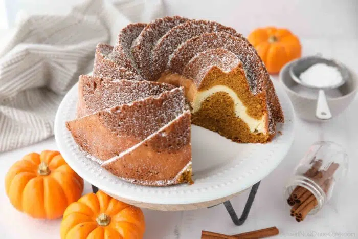 Inside of pumpkin bundt cake with cream cheese filling.